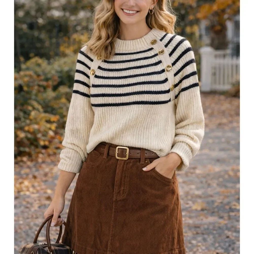 H&M preppy mariner striped bottom sweater chunky knit M